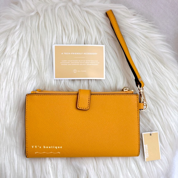 NWT Michael Kors MK Jet Set Large Leather Smartphone Wristlet Wallet Marigold - Picture 2 of 8